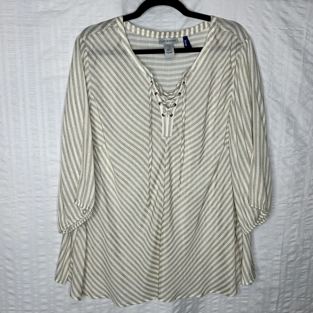 Catherines Shirt Womens 2X Petite Tan Cream Striped Lightweight Beachy Career